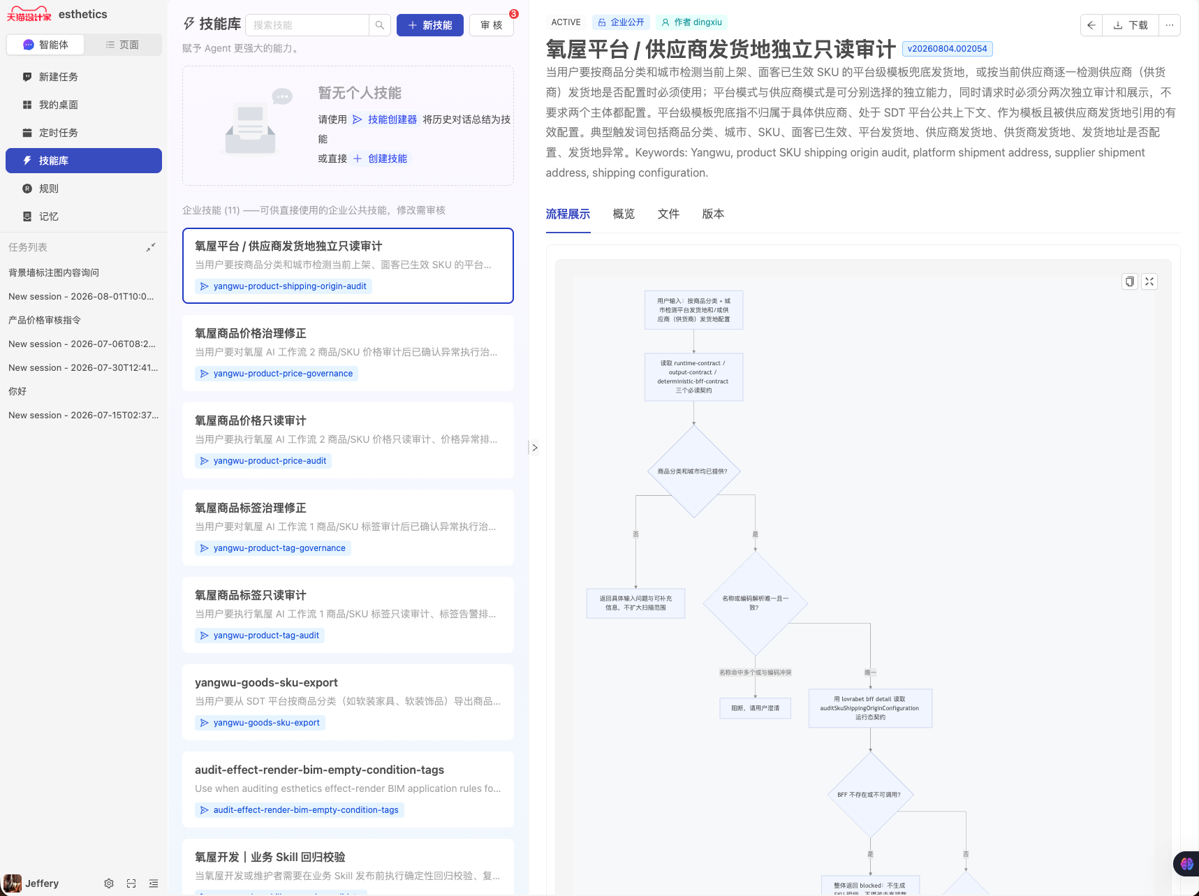 图片展示的是企业技能库界面。左侧为导航栏,有技能库、技能、技能组、技能目录等选项,当前选中“技能库”…