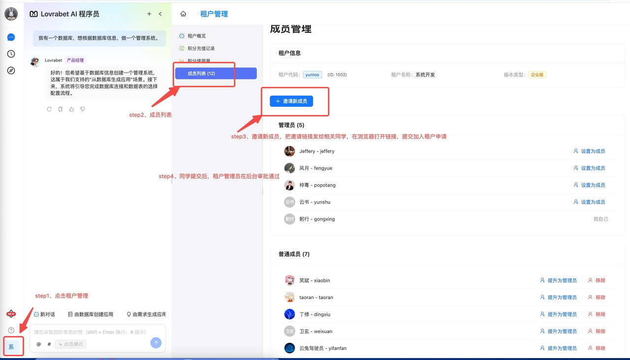 这张图片是Lovrabet平台的企业租户成员管理页面操作指引图，用于指导管理员添加开发者…