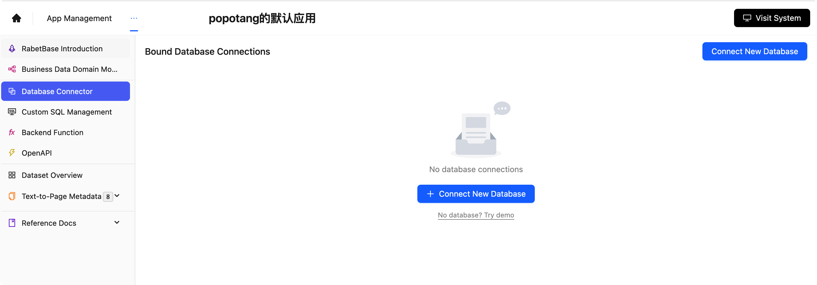 图片展示的是在「你的CRM示例应用」的App Management中,Database Connector页面…