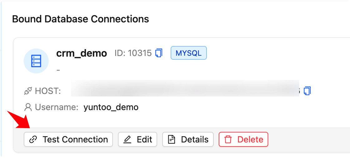 图片展示了数据库连接设置界面中“Bound Database Connections”部分内容,显示了名为“crm_demo”的数据库连接,ID为10315…